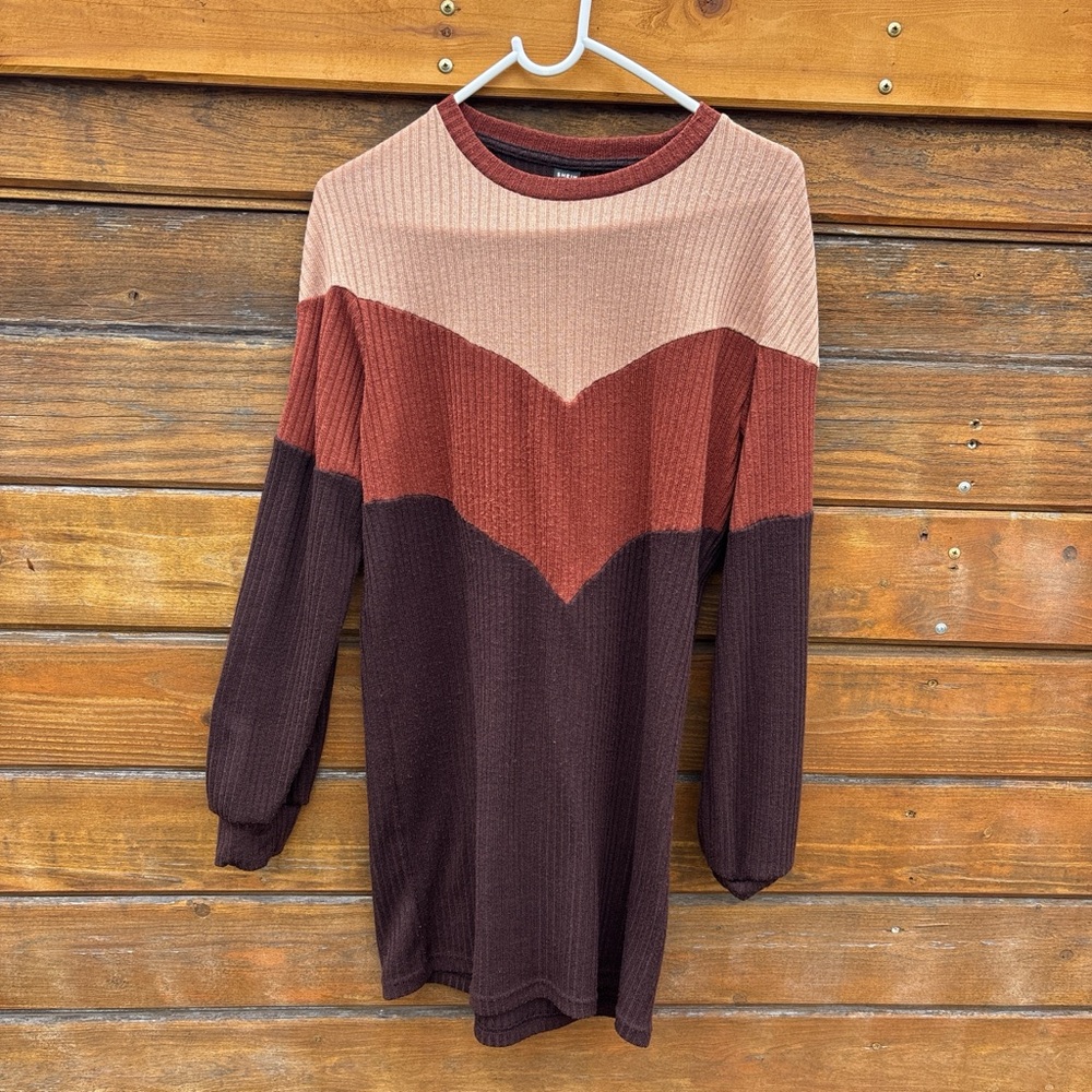 SHEIN Long Sleeve Colorblock Dress - Brown and Tan